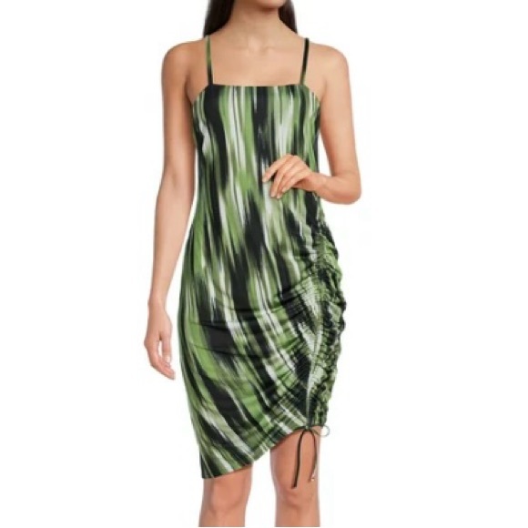 Madden NYC Green Black & Ivory Side Ruched Dress NWT Sz L Bodycon - Picture 3 of 11
